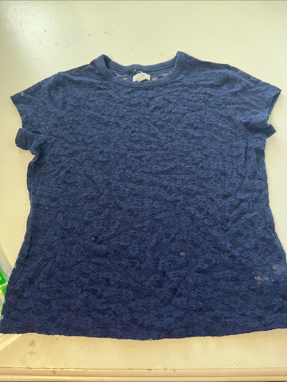 Aerie Medium Navy Blue Short Sleeve Sheer Floral Lace Blouse